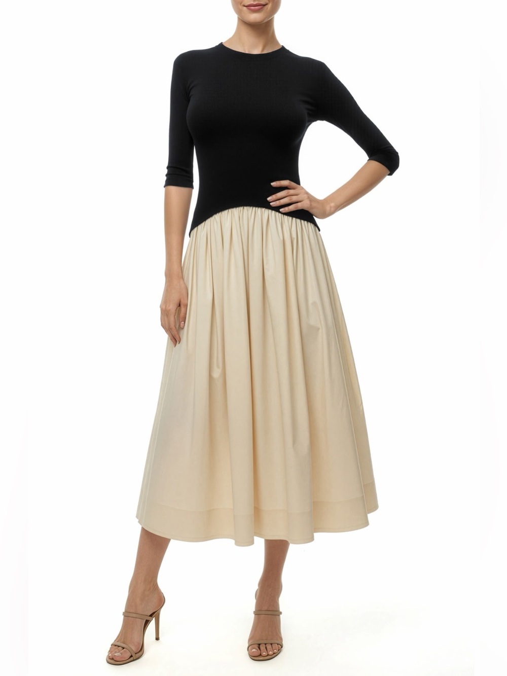 Mila Mae Mixed Media Midi Dress Black Beige Size L NWT